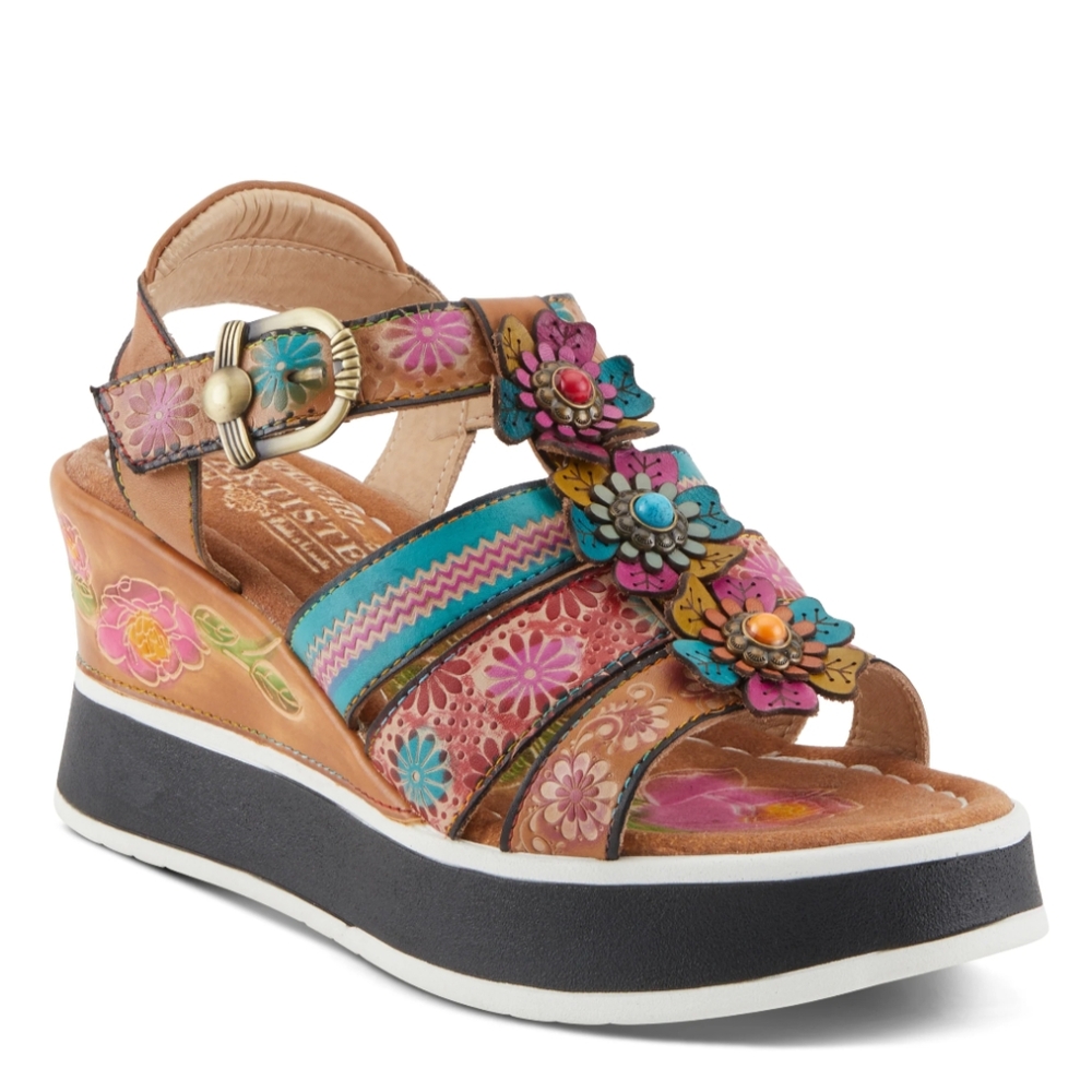 L'ARTISTE* Spring Step Floral Bloom painted wedge heel sandals velcro close sz 8